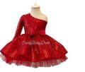 Red Baby Girls One Shoulder Sequin Princess Dress – Net Flower Party Frock for Girls | Stylish Birthday & Wedding Outfit. 