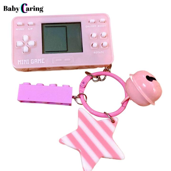 Retro Game Console Handheld Button Control with Keychain Drop Resistant Visual Training Building Block Retro Game Console for Children