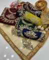 Party Wear Dress for Women Unstitched 3 Piece Suit - Kataan Silk Mirror Work Shirt - Kataan Silk Trouser Along Net Mirror Work Dupatta Ashrafi Ashrafi Customized Dress. 