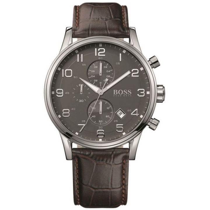 Hugo Boss Grey Dial Brown Leather Strap Chronograph Watch For Men 1512570