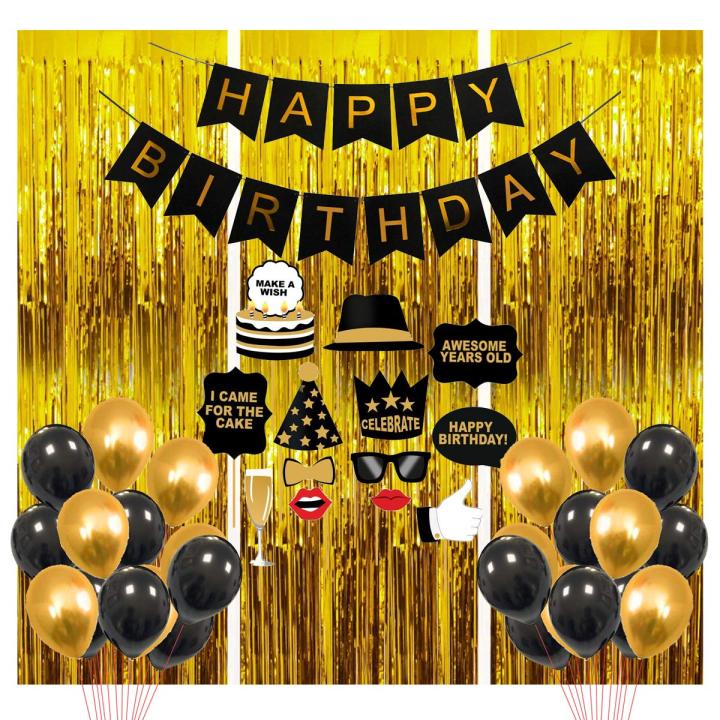Beautiful theme of Happy Birthday Cards Banner with combo of '30' PCs balloons '1'Golden Fringe Curtain for background decoration (6x3 feet)Birthday Decorations For boys and Girls