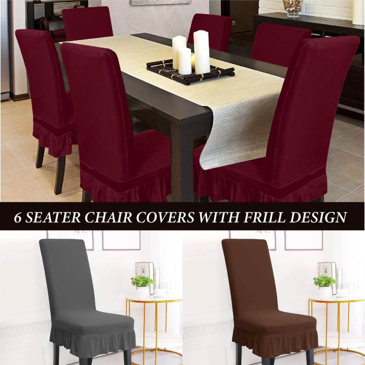 Set of 6 Frill Dining Chair Covers Elastic Stretch Jersey Slipcovers