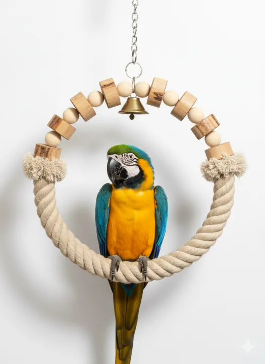 View of Pet Supplies Round Hoop Swing Toy - Wooden Rope Beads Perches for Small ...