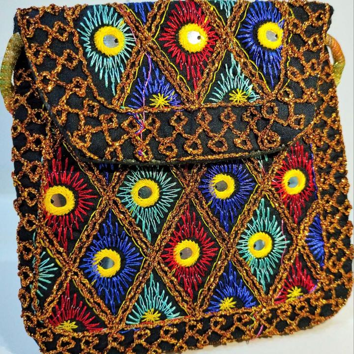 Traditional Pakistani Balochi Sindhi Embroided Multicolor Size 15x12 cm Cultural Wallet Purse Hand Made Golden wire & Mirror Work Handicraft for Females & KidsTraditional Pakistani Balochi Sindhi Embroided Multicolor Size 15x12 cm Cultural Wallet Purse Ha