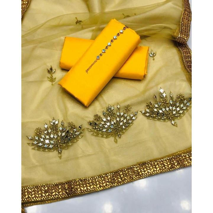 Fancy Dress 3Pcs Suite Yellow Color For Girl's New Collection Trozer And Shirt Same As Simple Kathan Fancy Suite For Women Winter Collection 2024 Neckline beautiful Gift For Everyone