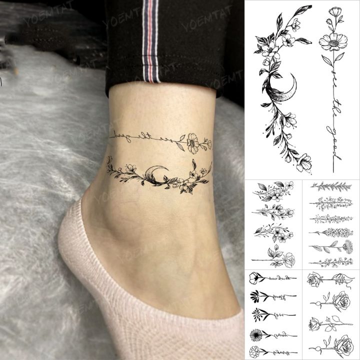 【Good-Love Store】Waterproof Tattoo Ankle Flower Garland Branch Lettering Fake Black Tatoo Leg Wrist Hand Men Women Tatt