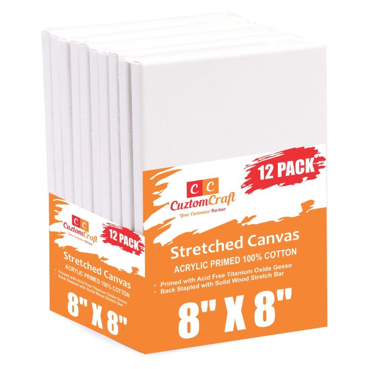 CuztomCraft - 12 Pcs - 8x8 Primed Canvases for Painting, 100% Cotton Stretched Canvas, Art Supplies for Acrylic Pouring, Oil Painting and Watercolor, Acid Free Canvas - Art Panel - Small Canvas - Artist
