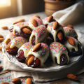 Pack of 12 White Chocolate and almond dates (Kajuur) | White chocolate dates covered with white chocolate and sprinkles with almond inside. 