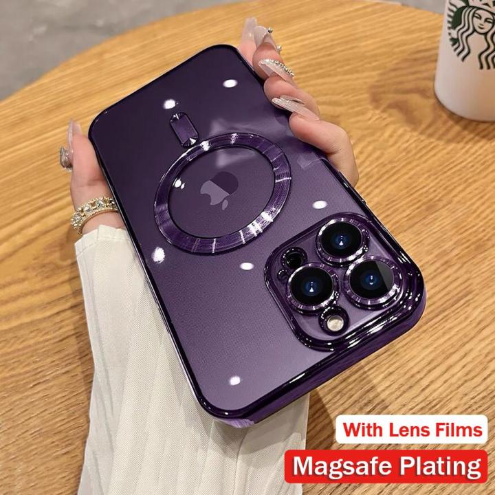 【 With Lens Films 】 CrashStar Magsafe Plating Transparent Soft Anti-fall Phone Case For iPhone 16 15 14 13 12 11 Pro Max XS XR X 8 + 7 Plus Wireless Charging Magnetic Phone Casing Full Cover Clear Shockproof Phone Cover Top Seller