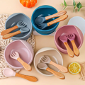3 pcs  Bpa Free Silicone  Baby Feeding Set Learning Dishes Suction Bowl Set Wood Spoon Non-slip Silicone Bowl and spoon for Baby Bowl  - Buy Silicone Bowl And Spoon , BPa Free Silicone Baby Feeding Set Baby feeding  Set , Baby Bowl. 