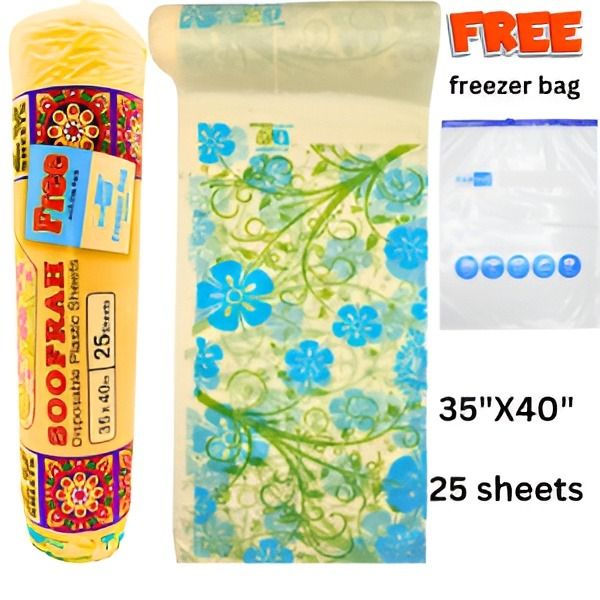RAZI. 25 sheets Disposable Dastarkhwan Sufra Disposable Table Sheet Cover 2 Color Printed Soofrah Perforated Plastic Sheet Roll Picnic Mat, Table linen , table cloth, table mat