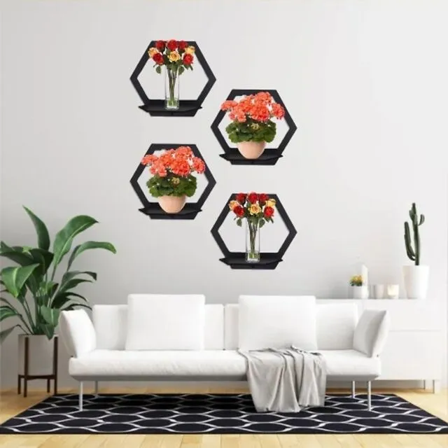 New Hexagon Wooden Wall Shelf Wall Shelves for Home Decor Living Room 3D Laser Cut DIY Design Floating Shelf Wooden Hexagon Candle Stand 3D Wall Decoration Piece for Kids Room and Girls Room and for Gift Items | Wall Shelf for Bedroom | Candlestick