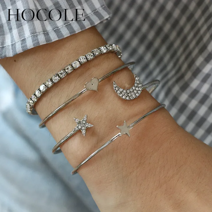 4Pcs/Set%20Adjustable%20Open%20Bracelet%20for%20Girls%20and%20women%20Golden%20and%20Silver%20Moon%20Star%20Heart%20Bracelet%20-%20Image%208