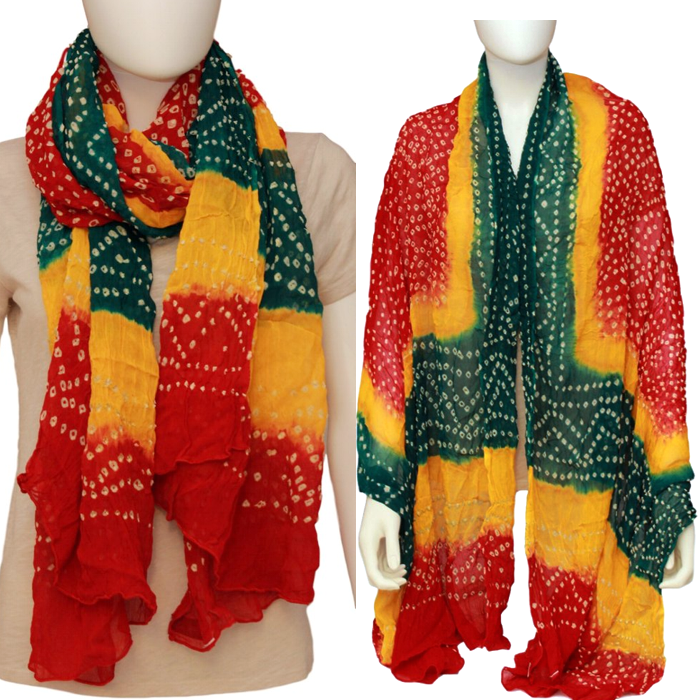 Chunri Dupatta Long Multicolor Cotton Tie and Dye Chunri Traditional Fashion Red Mehndi Green Yellow Crinkle Chunri