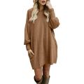 Fashion Women Solid O-Neck Pocket Long Sweater Long Sleeve Casual Loose Pullover. 
