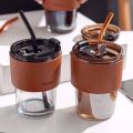 380 ML ‎Leak Proof Glass Tumbler with Straw and Lid Slub Glass | Leather Protective Sleeve | Reusable Cup with Straw | Iced Coffee Cup | Direct Drinking Mouth Dual Use. 