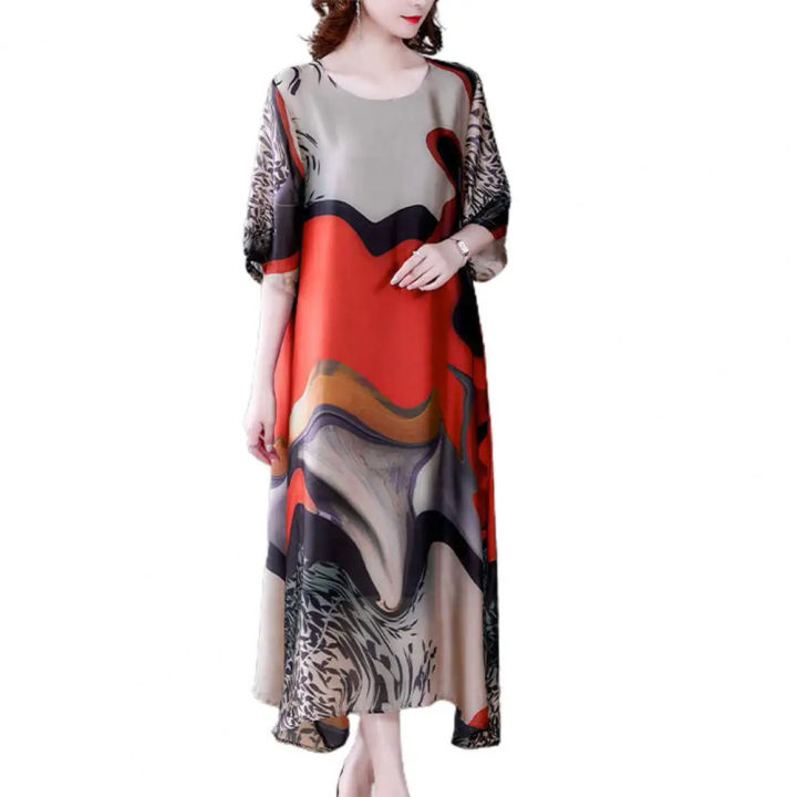 Casual Loose Vintage Floral Printed Long Dress Folk Women's Clothing Straight All-match Patchwork Summer Short Sleeve Dresses