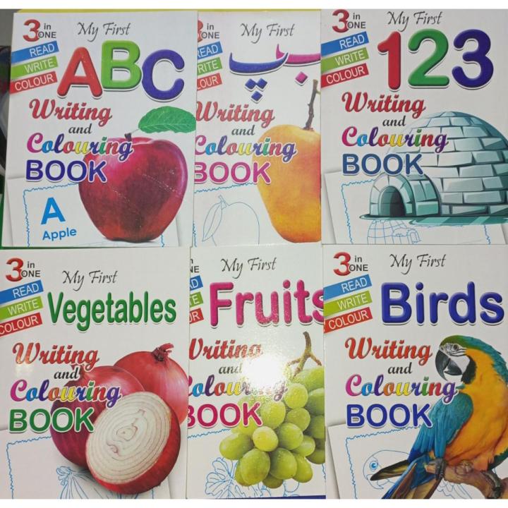 Pack of 6 Colouring Books for Kids - Read Write & Colour -Big Size Books -ABC, 123,animals , fruits, birlds and Vegetables - White