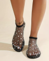 Women's Rhinestone Fishnet Flats – Breathable Slip-On Sparkle Shoes, Comfortable Low Heel Summer Casual Sandals. 