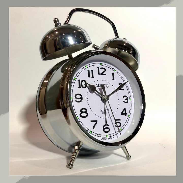 Loud Twin Bell Alarm Clock Battery Operated Silver Round Shape with Night Vision Dial
