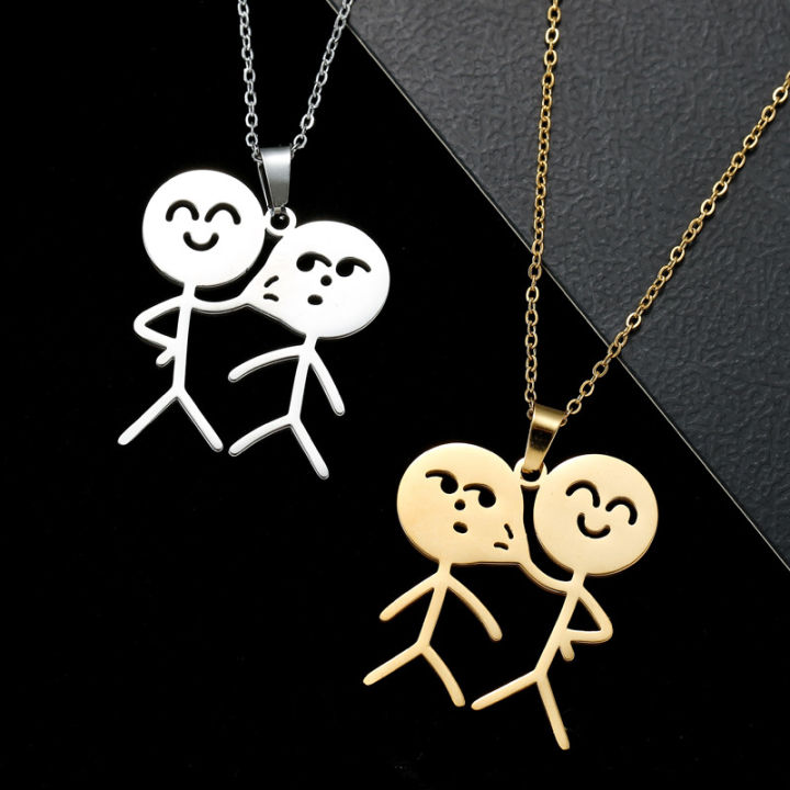 Cute Doodle Stickman Finger Stainless Steel Couple Necklaces Funny Doodle Pendant BFF Couple Chain Necklace Women Men Jewelry