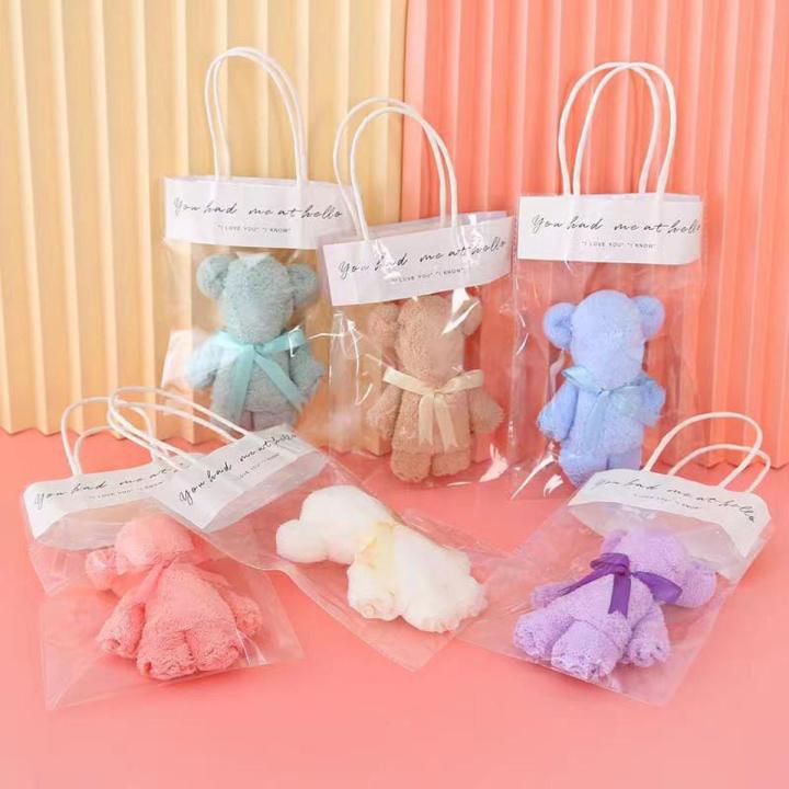 SJW Cute Teddy Bear Folded Towel Hand Towel Cotton Face Towel with Free Mesh Bag GIFT