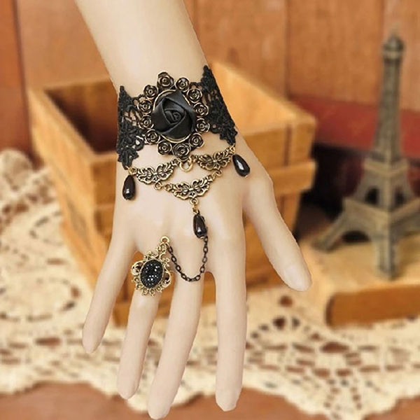 Flower Simple Black Bracelets Chain with Ring- Black Pearl Bracelets for Girls
