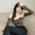 Women’s Casual Long Sleeve T-shirt Fashion Solid Color Boat Neck Exposed Navel Chain Halter Tops. 