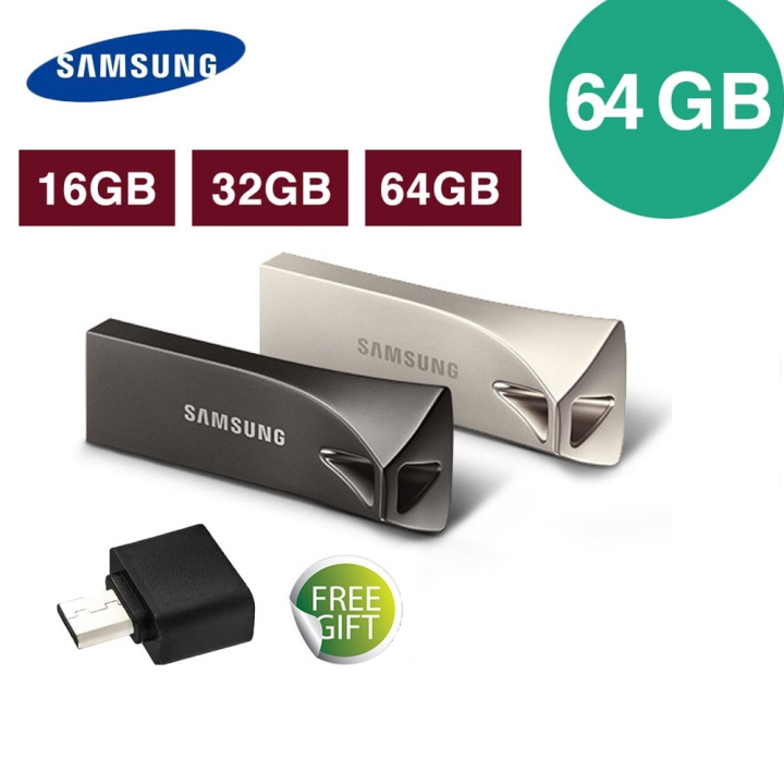 Samsung 16/32/64/128 GB BAR Plus Metal High Speed Flash Memory Stick USB Drive + FREE OTG adapter - 10 Months WARRANTY
