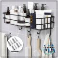 Wall-Mounted Kitchen Organizer Rack with Hooks for Spices, Jars, and Utensils. 
