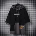 IELGY Men's Hooded Patchwork T-Shirt Loose Half Sleeve Hip Hop Hoodie Sweatshirt. 