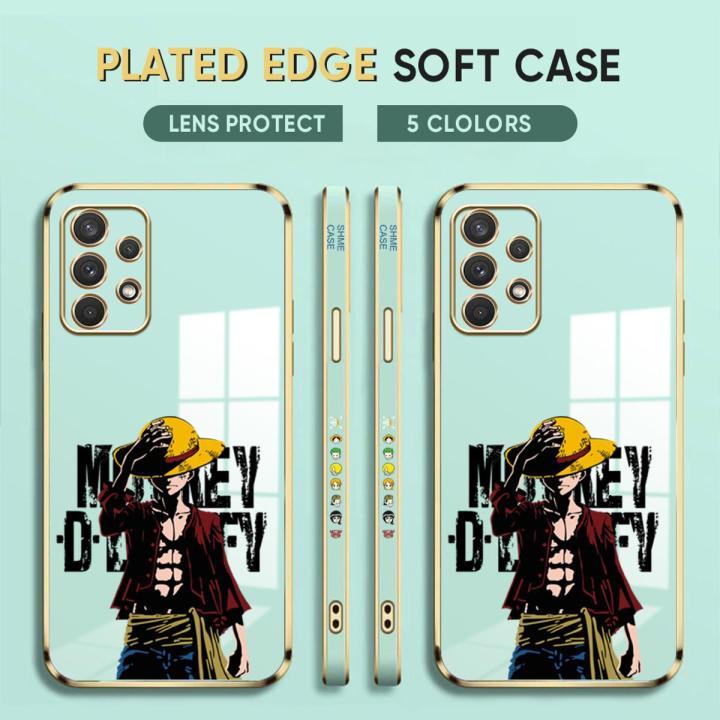 (Free Lanyard) Luxury 6D Plating Case for Samsung Galaxy A32 4G Back Cover Anime Cartoon Luffy  Side Pattern Soft Silicone Square Phone Cases