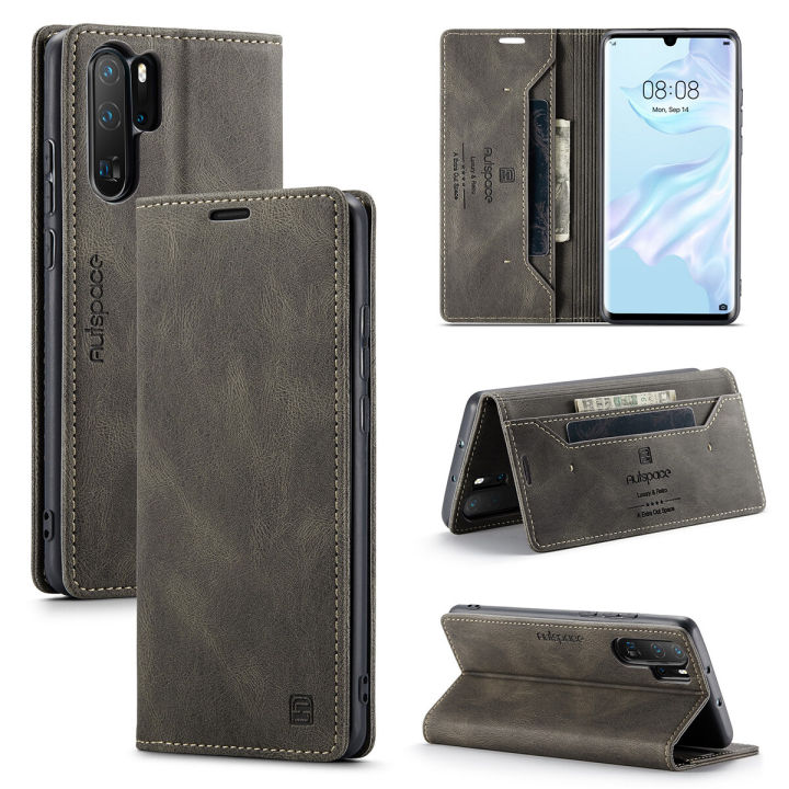 lthmy for Huawei P30 Pro Vintage Leather Flip Cover Stand Magnetic Closure Shockproof Protective Case