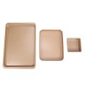 baking trays non stick set-1 * large shallow pan about 37 * 25.5 * 1.7cm
1 * cake pan about 24.5 * 18.5 * 2.6cm
1 * small square cake pan about 11 * 11 * 3cm-Golden. 