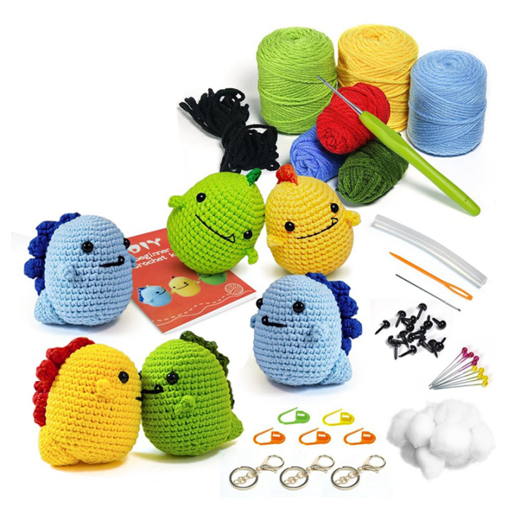 Crochet Set Kit for Beginners,Set of 6 Cute Dinosaur Crochet Animal Kit with Detail Video Illustration,Beginner Crochet Set