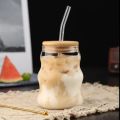 Openi - Ribbed & Round Glass Sipper with Glass Straw, Tumbler Can Lid Ribbed Square Glass Mug with Straw, Mason Jars With Cover, Mug for Fruit Juice Milk & Coffee Mug. 