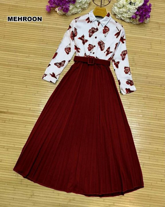 Dealistaan Stitched Butterfly Printed Top With Skirt & Belt 2Pc Dress For Women