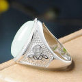 White gold-plated large oval cabochon white jade coin ring Imitation Hetian jade inlaid white jade ring. 