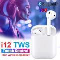 i12 tws Wireless Twins Bluetooth Earbuds Original I12 Airpods_ Headset with Silicon Cover&Hook BluetoothV5.0 Earphone Touch Sensor True Stereo 10m Transmission Built in Mic Earbuds with Charging Case Sport Headset for all Bluetooth Smart devices etc-White. 