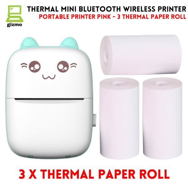Pocket Inkless Mini Printer - 12 x Sticky Paper Roll & 12 x Thermal Paper Roll - Thermal Portable Bluetooth Wireless Mini Printer For Kids - For Photo, Picture, Office Receipt, Label Note, QR Code - Compatible With IOS & Android - Pink & Blue