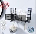 Kitchen Organizer Rack with Hooks - Wall-Mounted Metal Storage Shelf for Spices, Jars, and Utensils. 