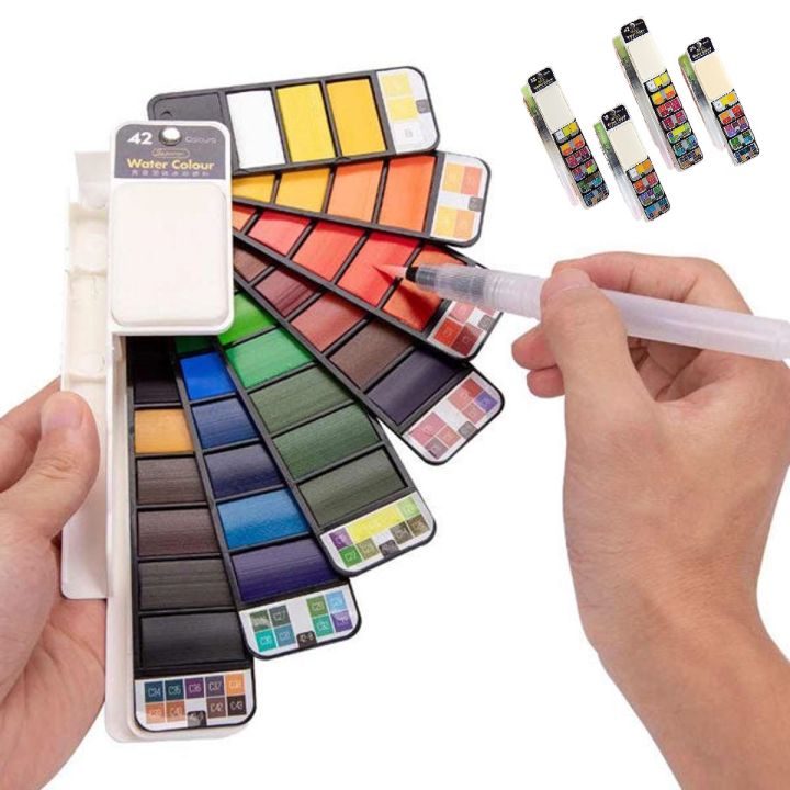 18/25/33/42 Colors Pigment Paints Set Solid Watercolor With Waterbrush For Drawing Painting Watercolors collapsible suit Paints Transparent Colors Painting Water brush palette in Box Set