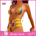 Women Swimsuit Deep V-neck Rainbow Color Push-up Splitted Swimwear. 