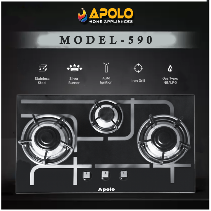 APOLO Automatic Hob - Model 590 - 3 Burner  Auto Ignition Stove - 100% Pure Stainless Steel Top - Rust Proof  - 14 Days Return Warranty