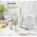 Limon 6 Pieces Marble Design Bathroom Accessories Set - Soap Dispenser - Toothbrush Holder - Tumbler Cup - Soap Dish - Trash Can - Toilet Brush with Holder. 