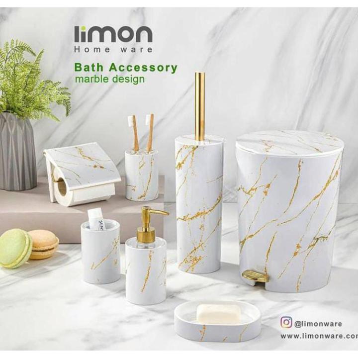 Limon 6 Pieces Marble Design Bathroom Accessories Set - Soap Dispenser - Toothbrush Holder - Tumbler Cup - Soap Dish - Trash Can - Toilet Brush with Holder