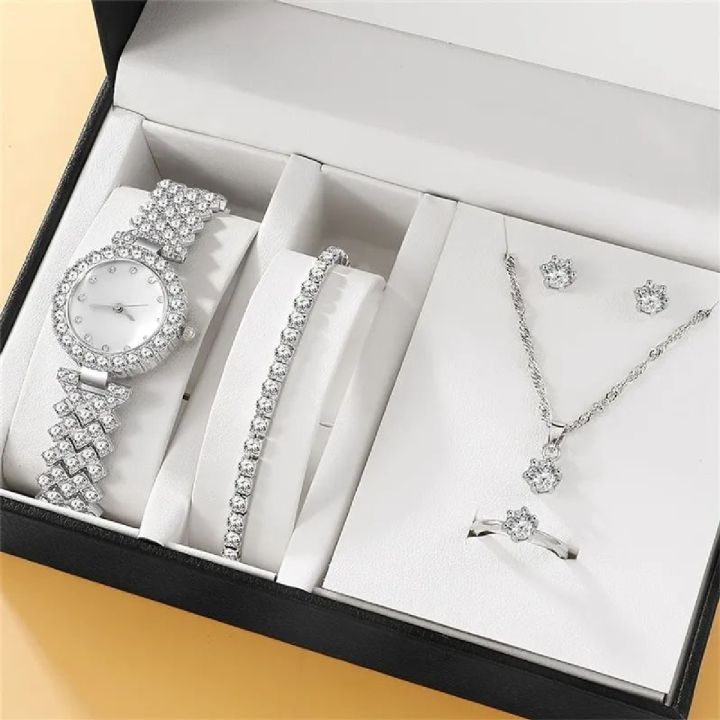 6PCS Set Watch Women Ring Necklace Earrings Rhinestone Fashion Wristwatch Female Casual Ladies Watches Bracelet Set Clock