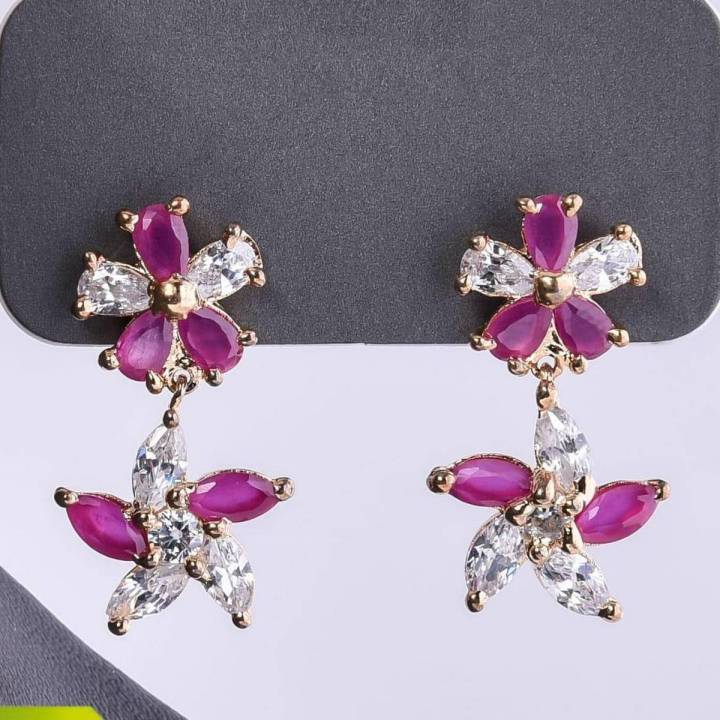 Fancy Earring Flower Pearl White and Maroon Crystal Stone- Imitation