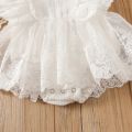 Infant Girls Romper Tutu Skirt, White Fly Sleeves Round Neck Lace One-piece, 0-18 Months. 