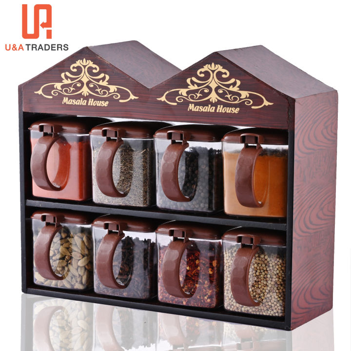 Home Design Wooden Spice rack and crystal air tight 8 Jars(Double Home Wooden )